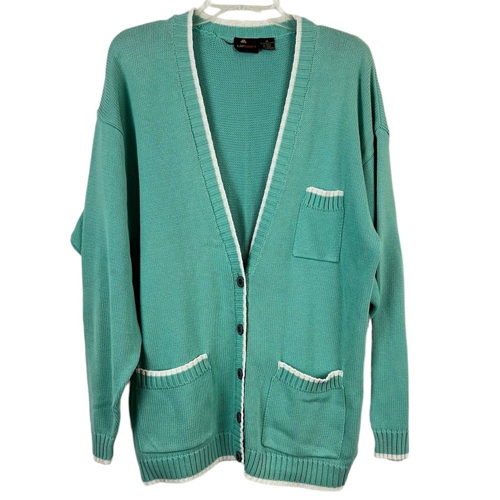 Vintage 80’s LizSport Cotton Collegiate Mint Cadigan Sweater Size M